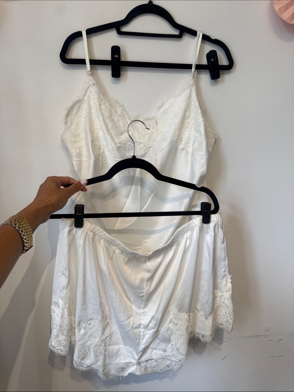 White Lace-Trim Satin Pajama Set - Women's Camisole & Shorts
